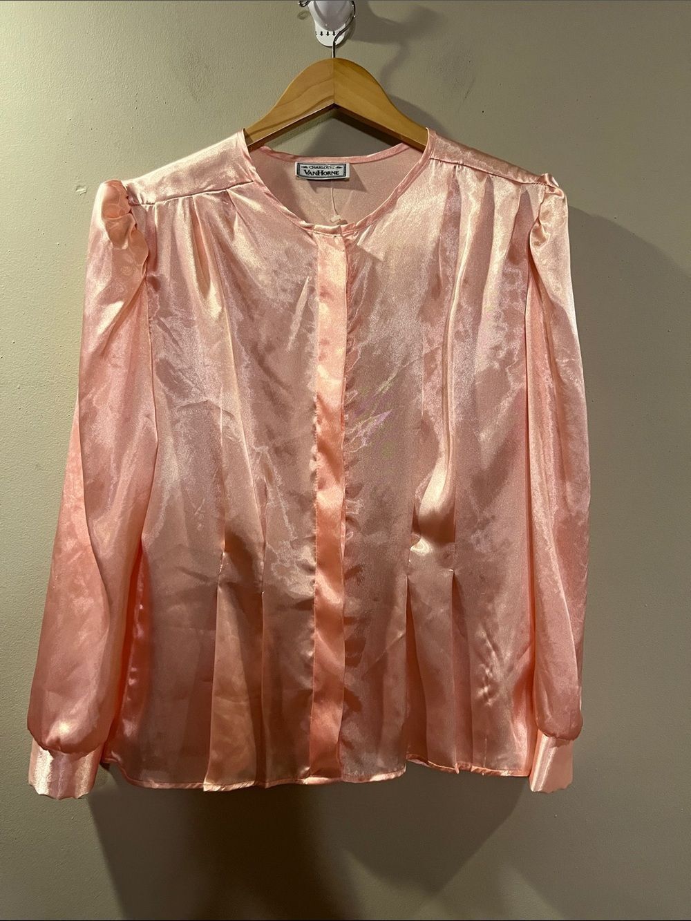 Vintage Soft Pink Satin Long Sleeve Blouse
